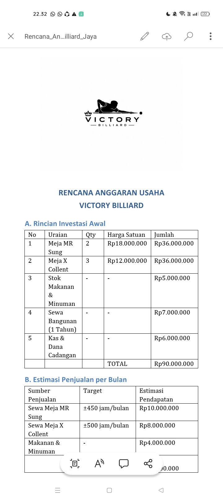RENCANA ANGGARAN VICTORY BILLIARD / PKWU