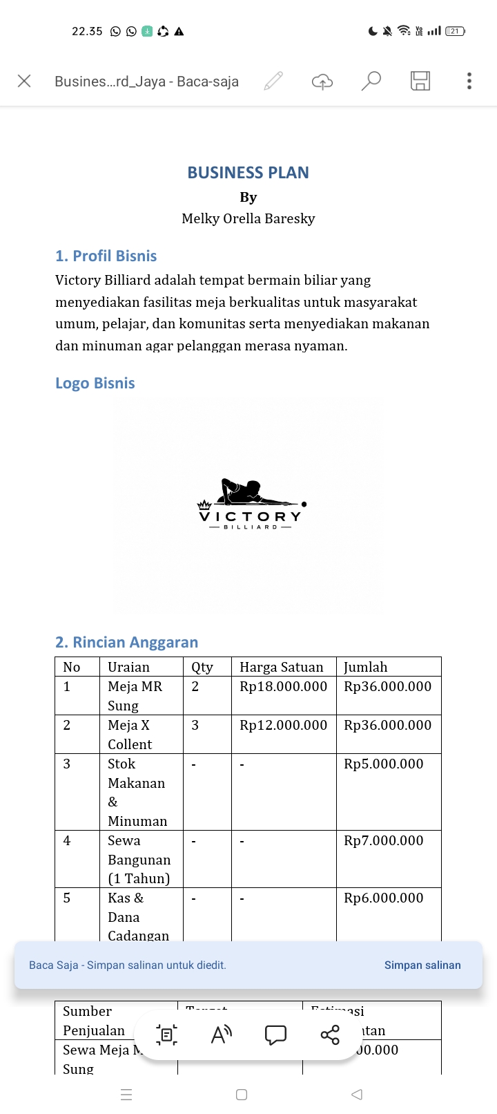 BUSSINES PLAN VICTORY BILLIARD / PKWU