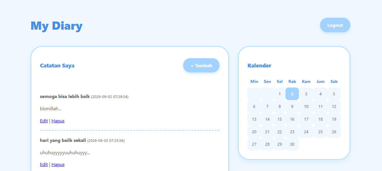 Website login DiaryMe simpel sederhana
