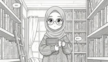 Ilustrasi Karakter muslim perpustakaan kekinian